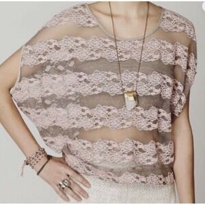 Free People Blouse Women‎ XS Mesh Lace Banded Hem Dolman Sleeve Boho Hippie Pink
